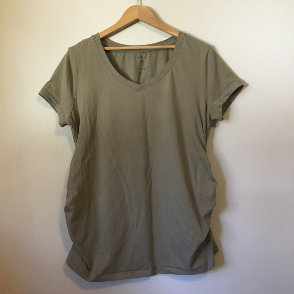 Paisley Sky Olive Green Cotton Maternity Tee Ruched Short Sleeve XL